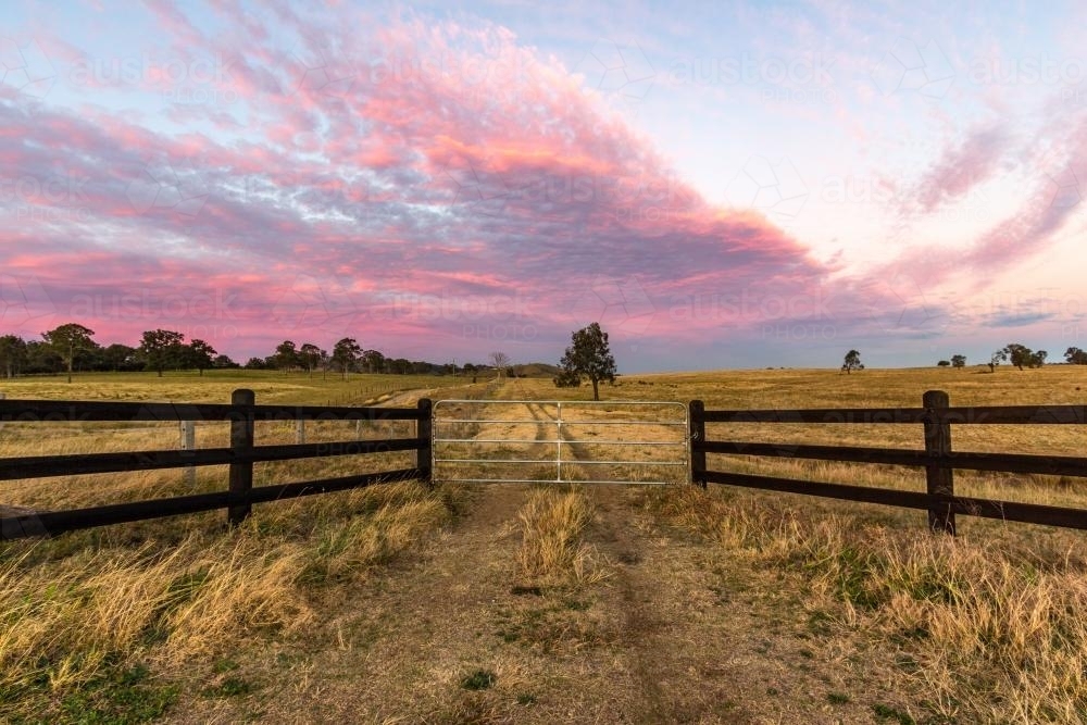 Country Farm Gates with colourful sky - Australian Stock Image