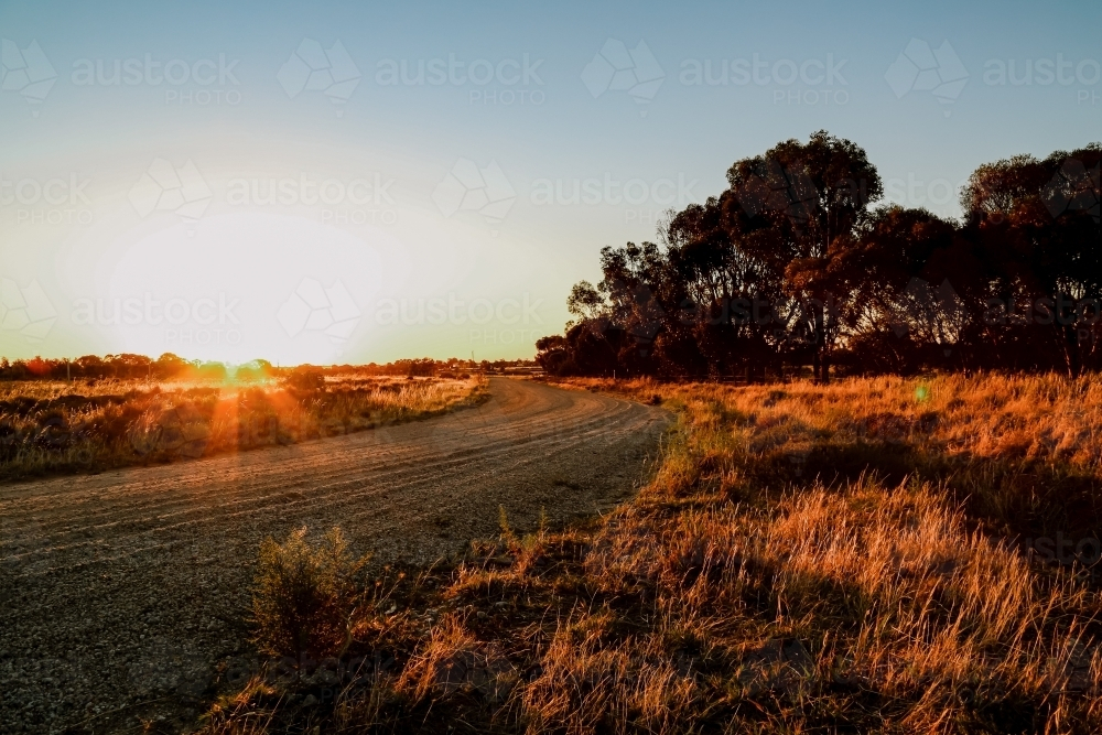 Image of Country road in Central Victoria at sunset - Austockphoto