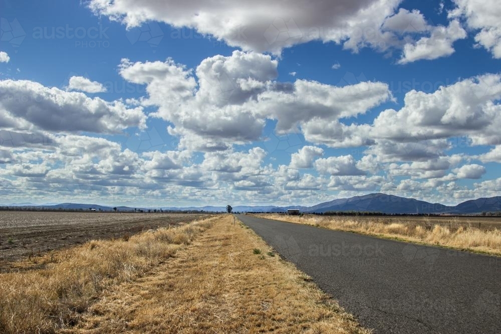 Country road with fenceless paddocks beside - Australian Stock Image