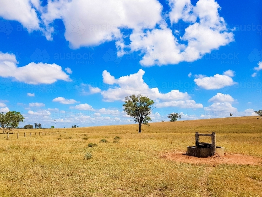 Country setting with well, single tree and fluffy white clouds - Australian Stock Image