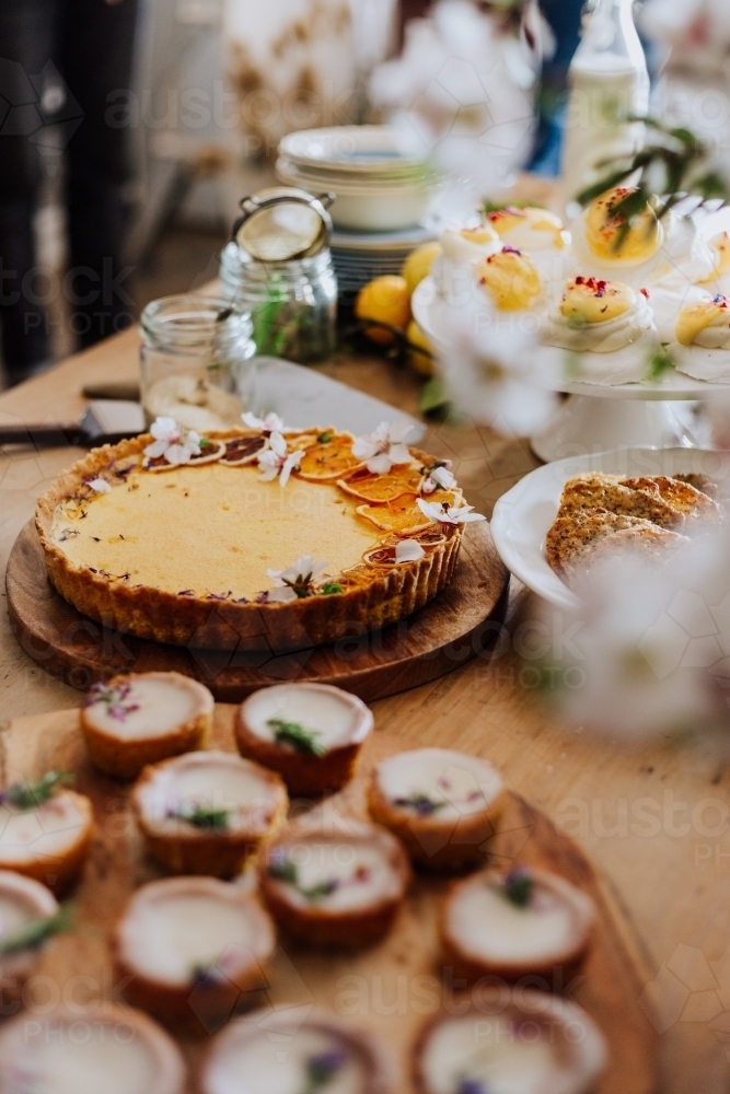 Country table full of homemade desserts - Australian Stock Image