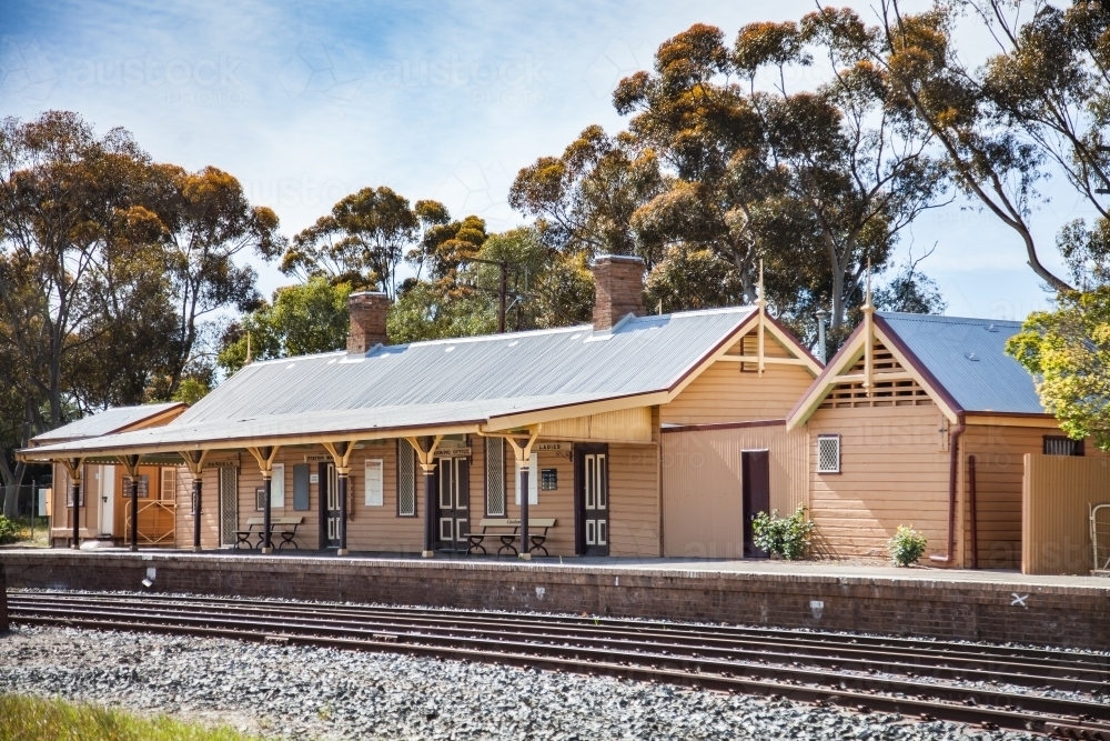 Country train station platform and buildings in Coolamon - Australian Stock Image
