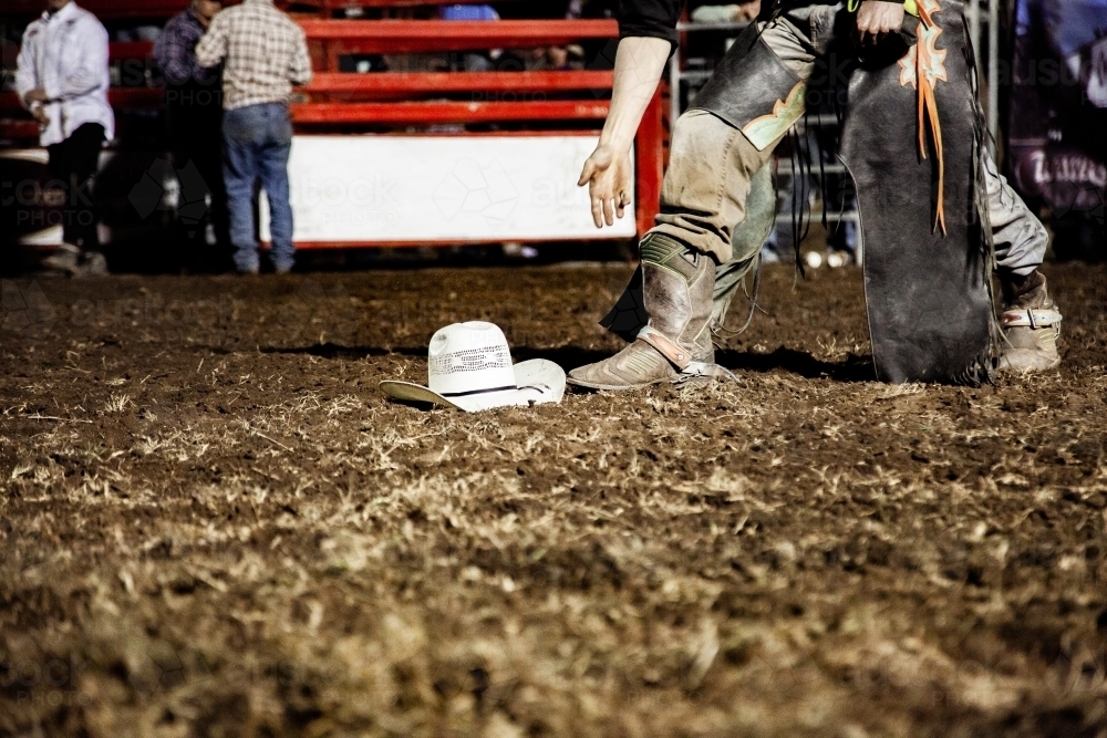 Cowboy hat thrown on the ground by winning rodeo rider - Australian Stock Image