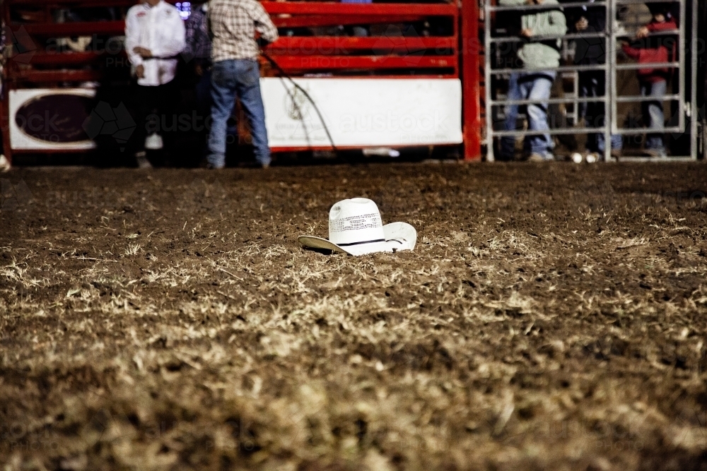 Cowboy hat thrown on the ground by winning rodeo rider - Australian Stock Image