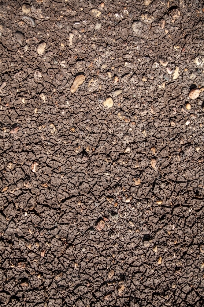 Cracked mud over stones on dried creek bed - Australian Stock Image