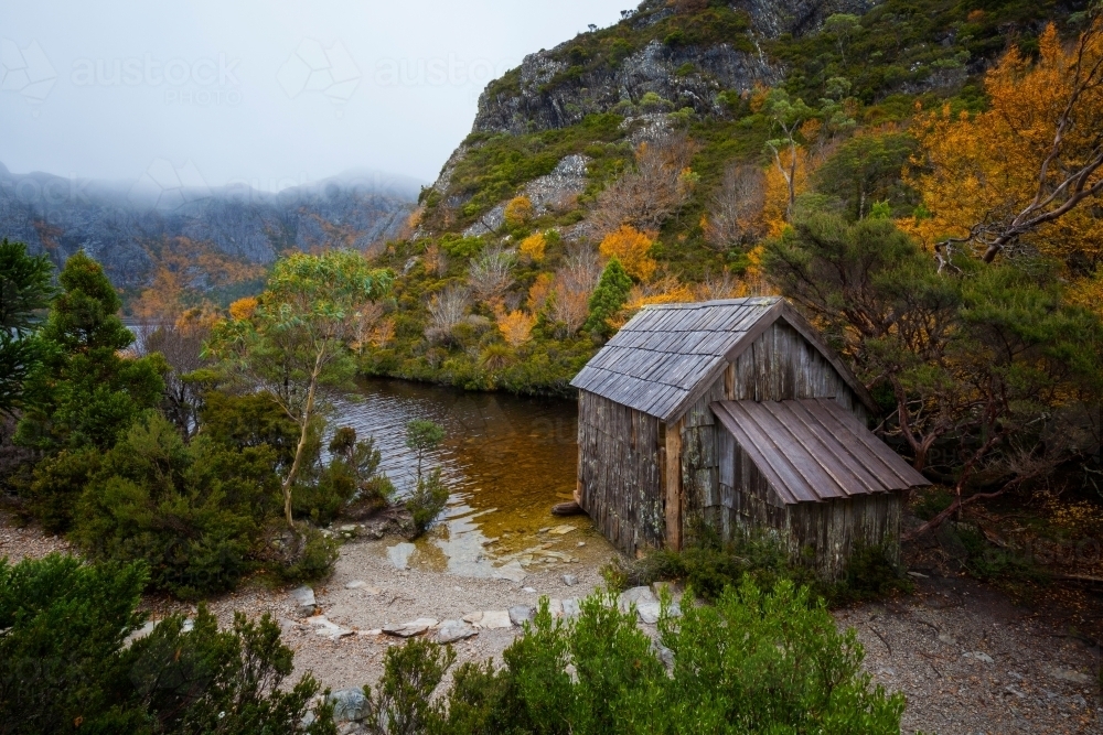 Crater Lake and Boat Shed - Cradle Mountain Lake St Clair National Park - Tasmania - Australia : Austockphoto Crater Lake and Boat Shed - Cradle Mountain Lake St Clair National Park - Tasmania - Australia - Australian Stock Image
