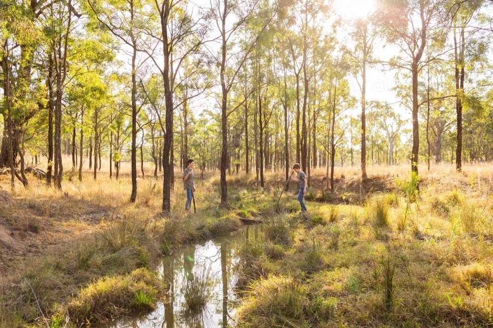 creek winding through paddock with two Aussie kids playing nearby walking around with big sticks - Australian Stock Image