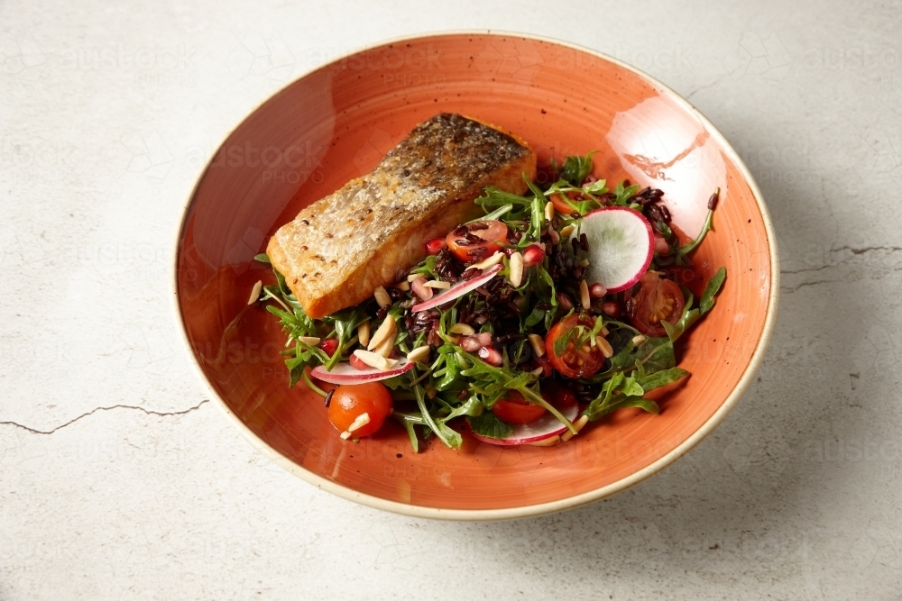 Crispy fried salmon with salad in bowl - Australian Stock Image