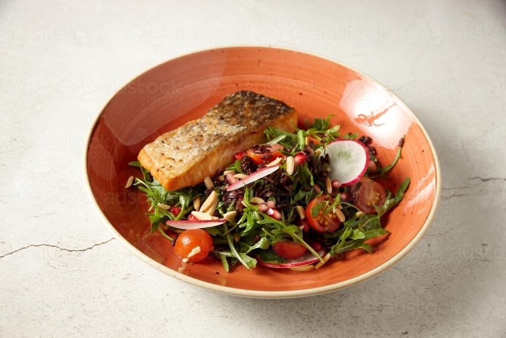 Crispy fried salmon with salad in bowl - Australian Stock Image