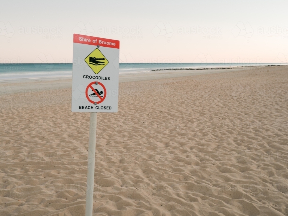 Crocodile Warning Sign on Deserted Cable Beach - Australian Stock Image