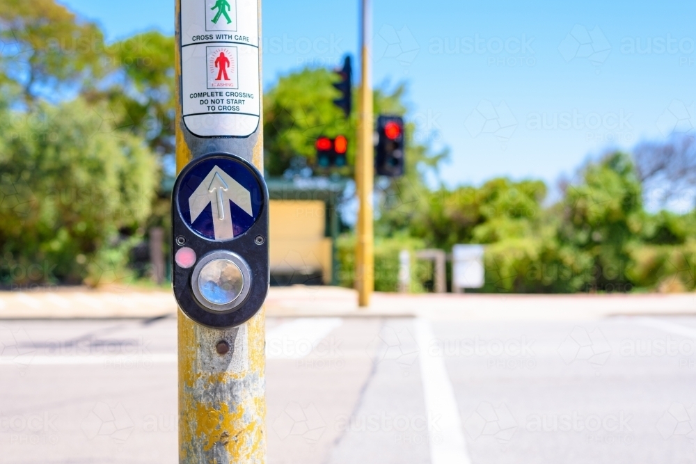 Crosswalk button at red traffic light - Australian Stock Image