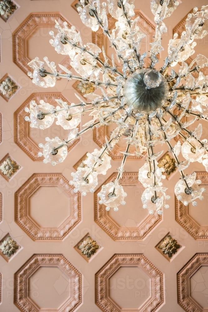 Image Of Crystal Chandelier Against Heritage Ceiling Austockphoto Crystal Chandelier Against Heritage Ceiling Australian Stock Image