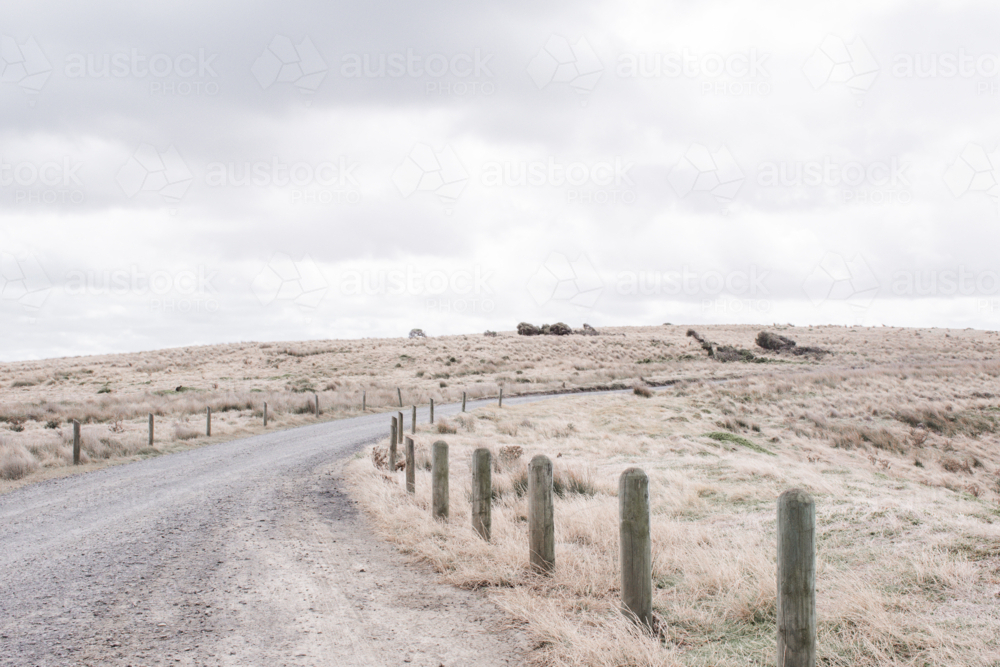 Curving, ravel track with posts and dry, summer grasses - Australian Stock Image