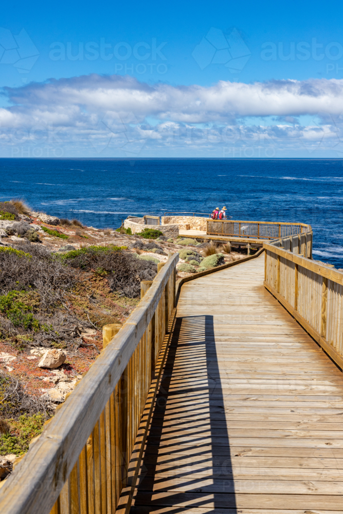 Curving Wooden Boardwalk with Tourists Overlooking the Ocean at Admirals Arch, Kangaroo Island - Australian Stock Image