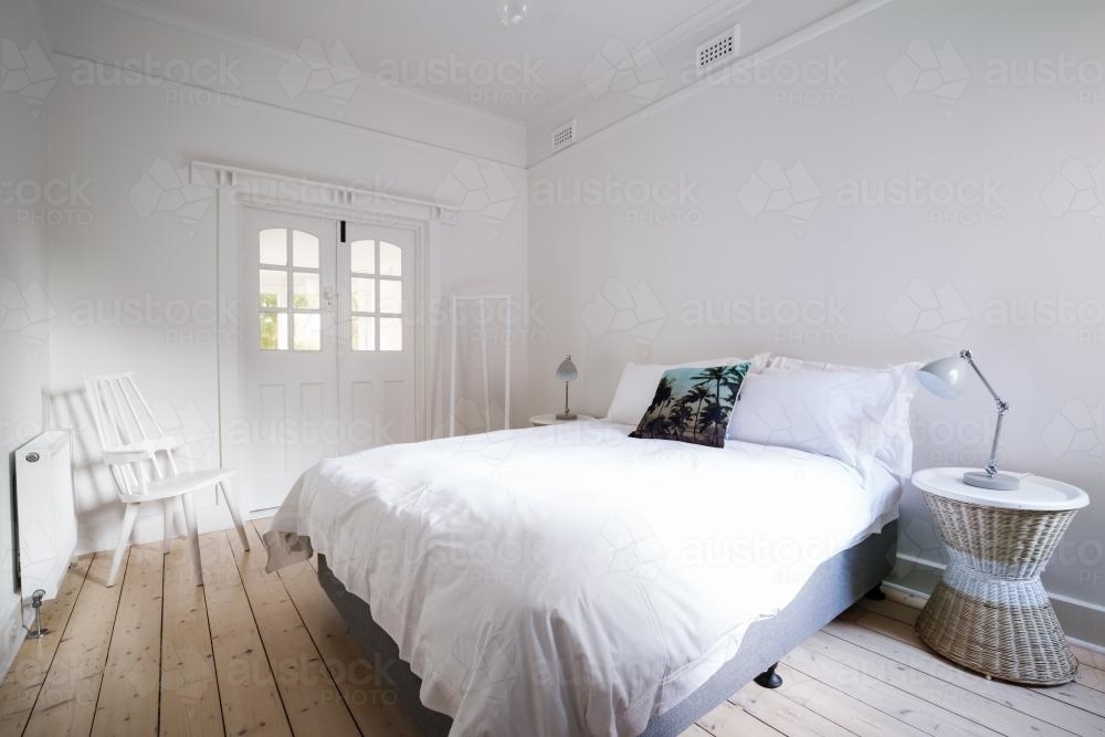 Danish styled modern bedroom decor in art decor apartment - Australian Stock Image