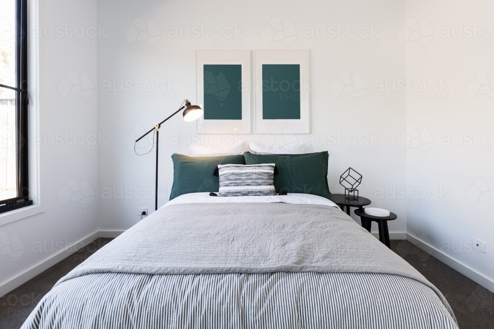 Dark green and white luxury bedroom - Australian Stock Image
