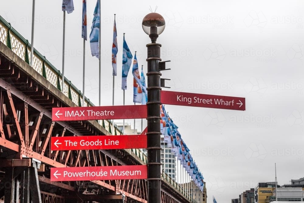 Darling Harbour direction street sign with footbridge in background - Australian Stock Image