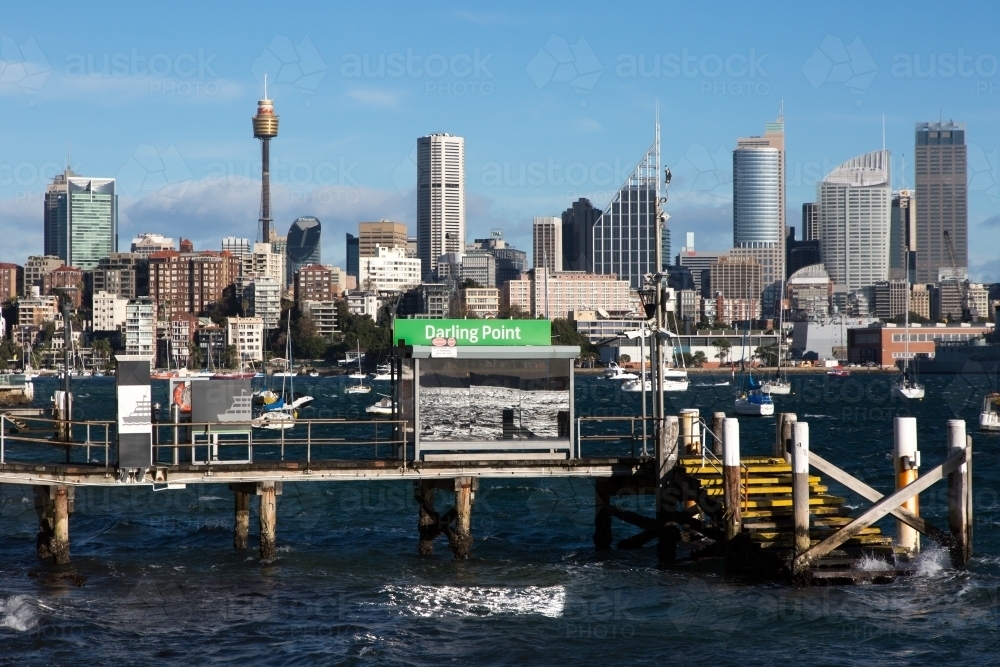 Darling Point ferry wharf with sydney skyline in the background - Australian Stock Image