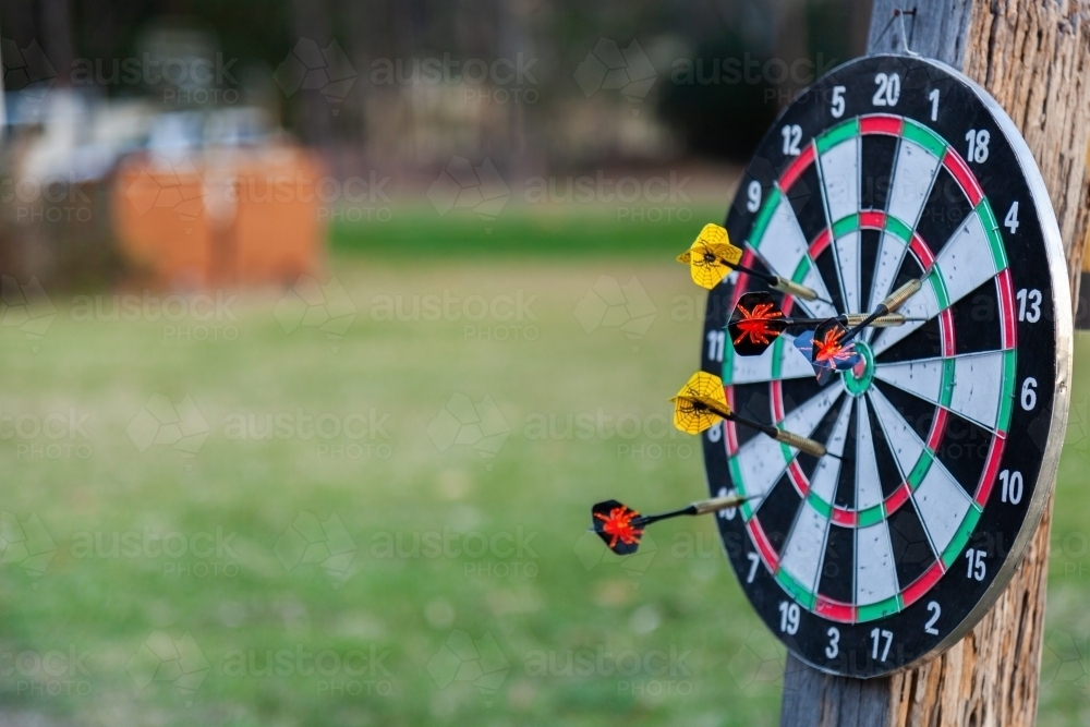 Dart board with throwing darts on it with copy space - Australian Stock Image