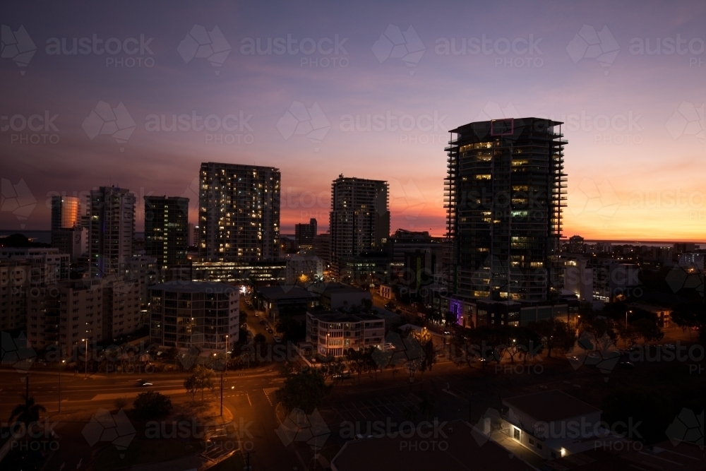 Darwin city highrise buildings at dusk - Australian Stock Image