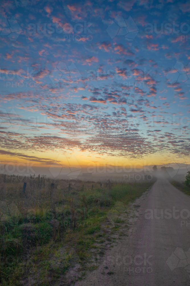 Dawn, a country road and a colourful early morning sky - Australian Stock Image