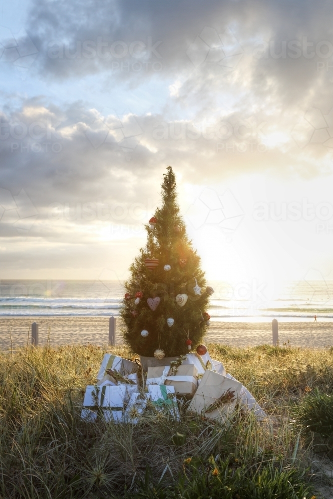 Decorated Christmas tree with presents at beach with sunrise in background - Australian Stock Image
