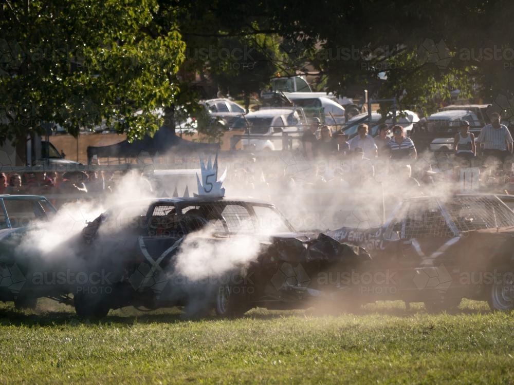 Demolition derby with smoke at the Walcha Show - Australian Stock Image