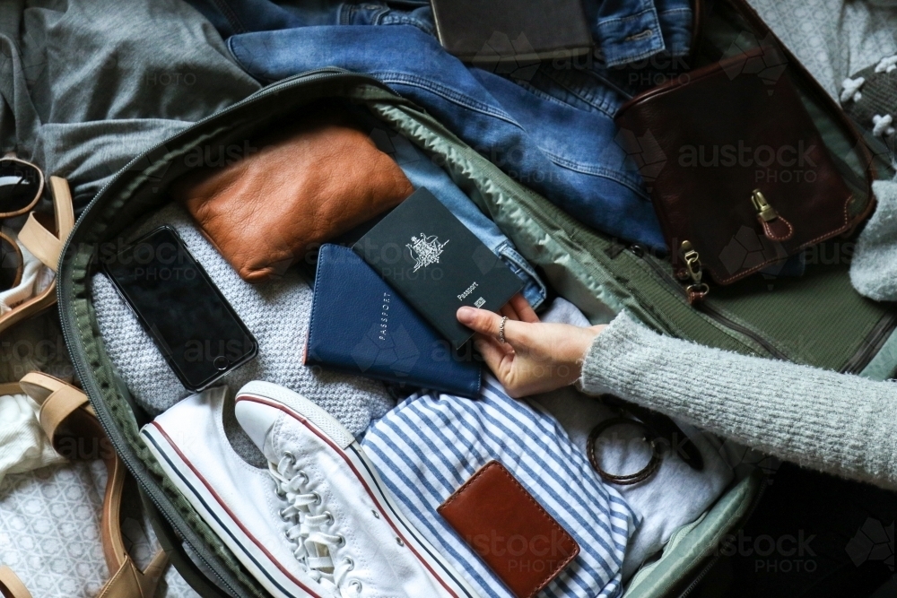 Detail of a bag being packed ready for travel - Australian Stock Image