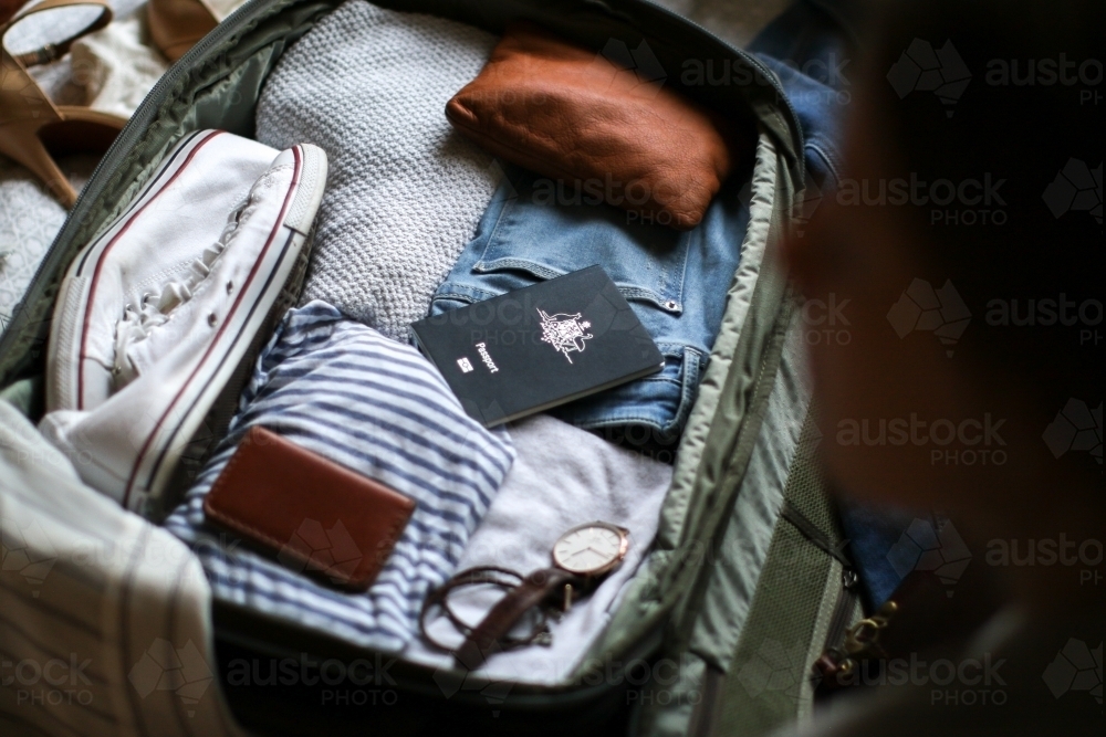 Detail of a bag being packed ready for travel - Australian Stock Image