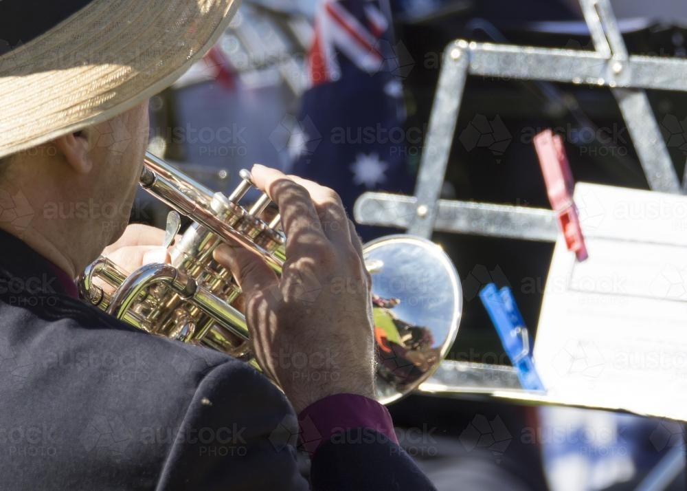 Detail of brass band playing on ANZAC Day - Australian Stock Image
