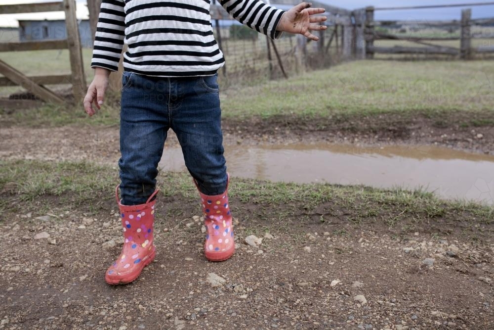 Detail of child wearing pink gumboots on the farm - Australian Stock Image