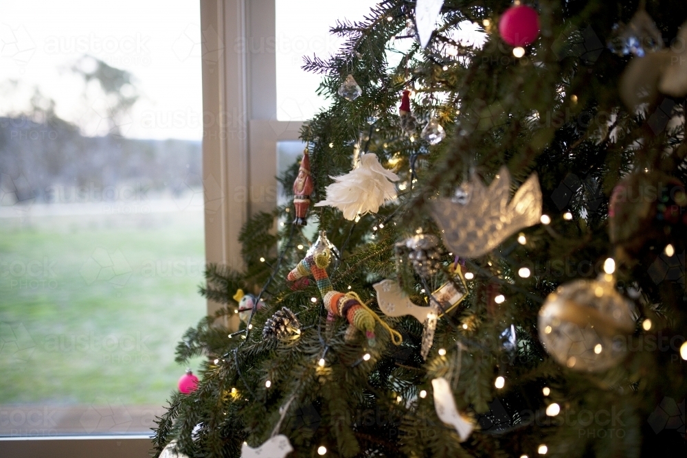 Detail of Christmas tree with decorations in front of a window - Australian Stock Image