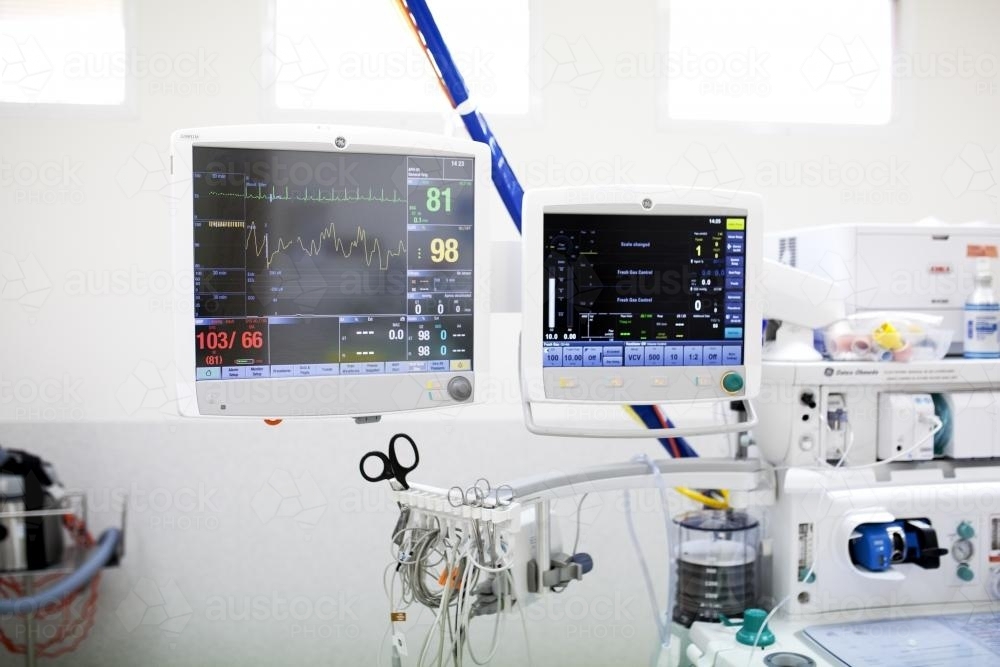 Detail of medical machines in a hospital operating theatre - Australian Stock Image