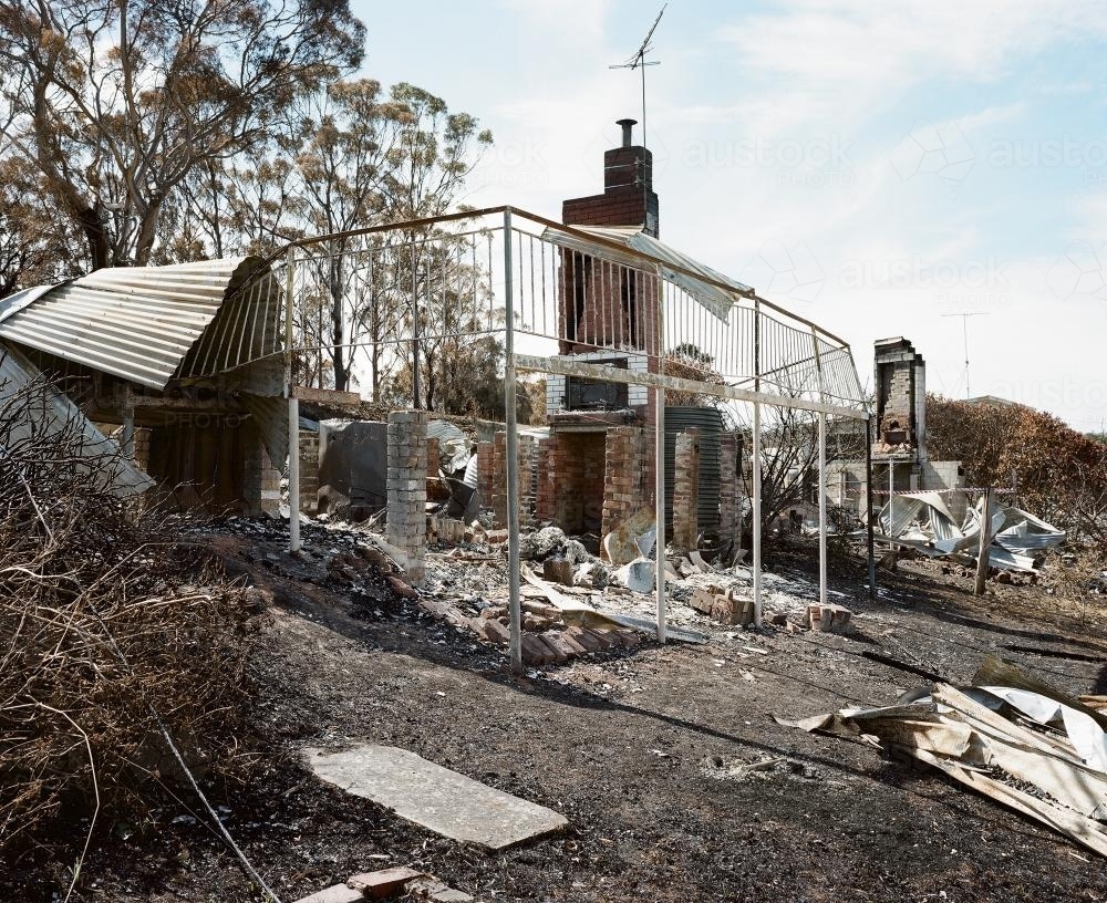 Detail of remains of a house destroyed by fire - Australian Stock Image
