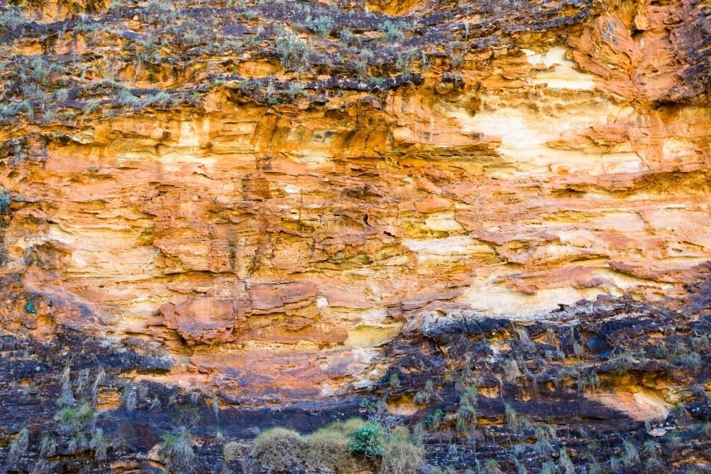 Detail shot of rock cliff face with oranges and purple colours and grasses - Australian Stock Image
