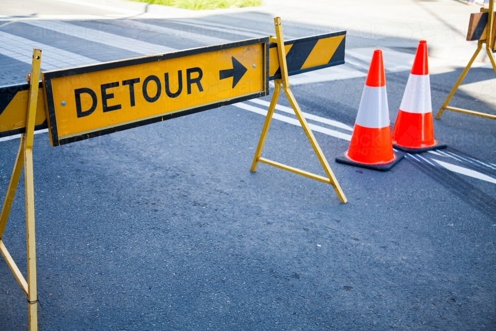 Detour and traffic cones, main road closed for street party - Australian Stock Image