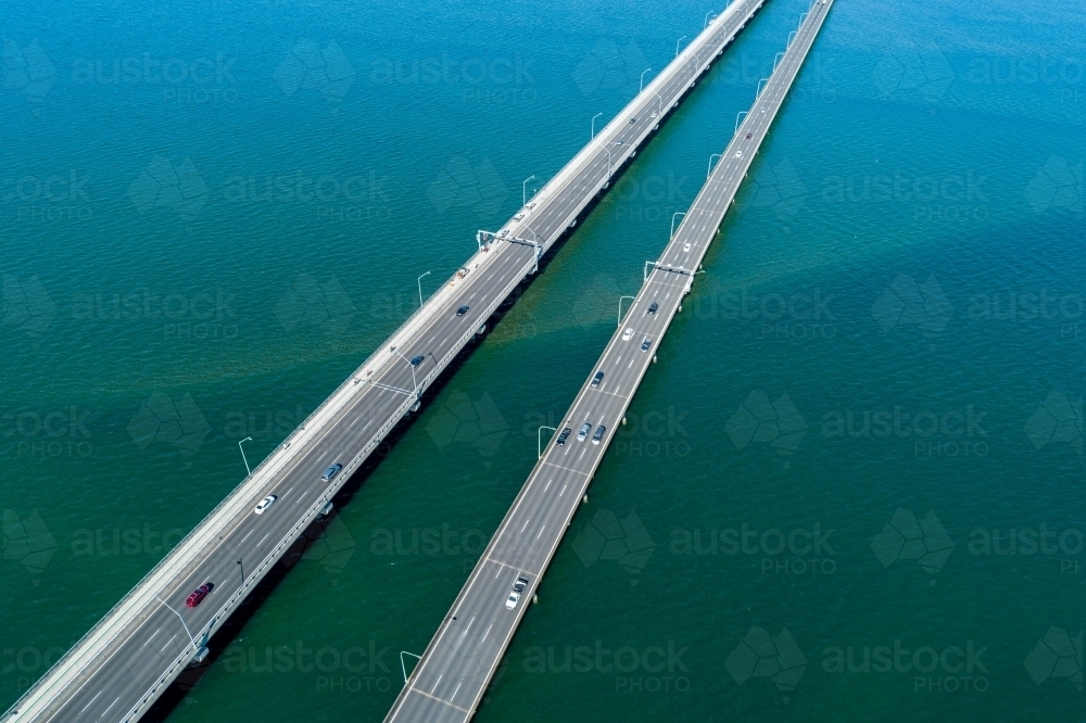 Diagonal aerial view of two bridges. - Australian Stock Image