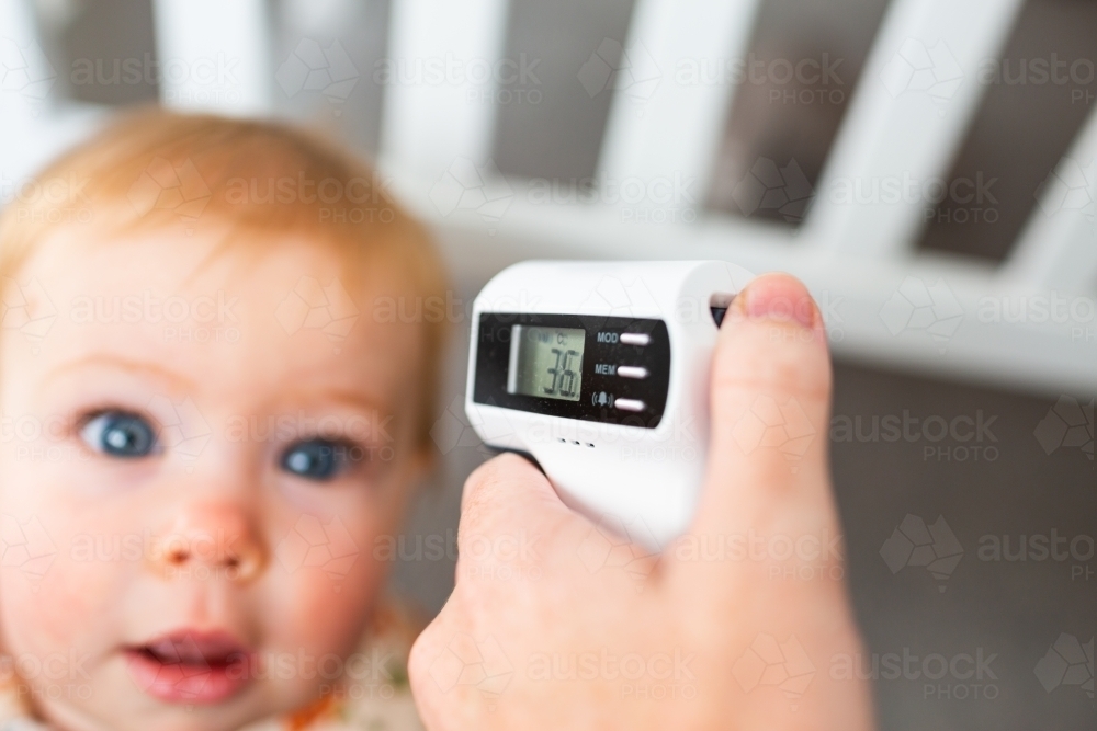 Image of Digital thermometer to check baby's temperature on forehead reading 36 degrees