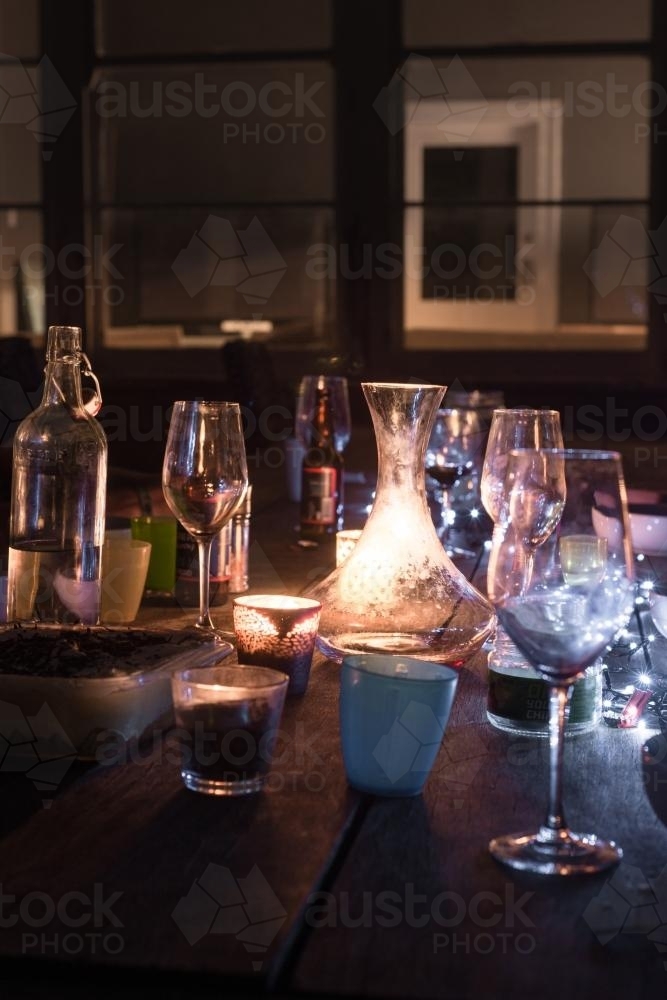 dinner party table at end of the night - Australian Stock Image