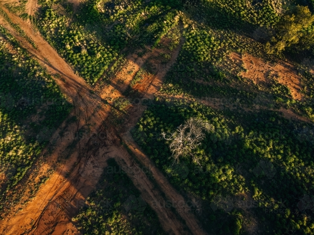 Dirt tracks crossroads from above - Australian Stock Image