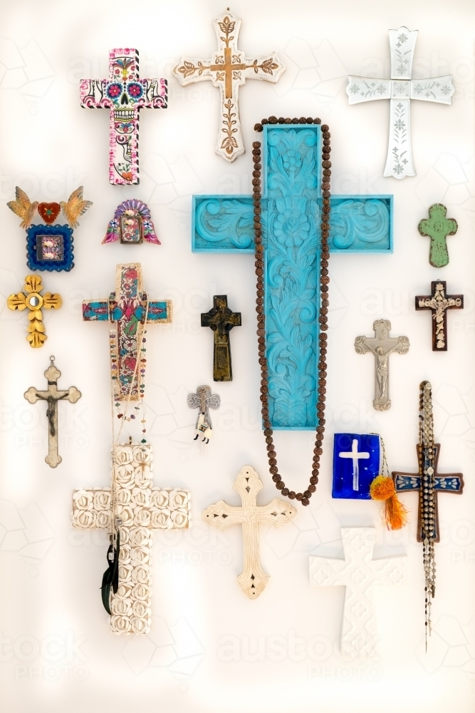 Display wall of crucifixes and beads - Australian Stock Image