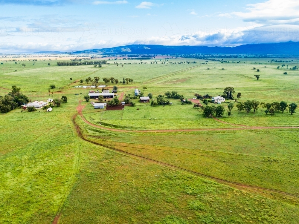 Distant homestead and other farm buildings in green home paddock - Australian Stock Image