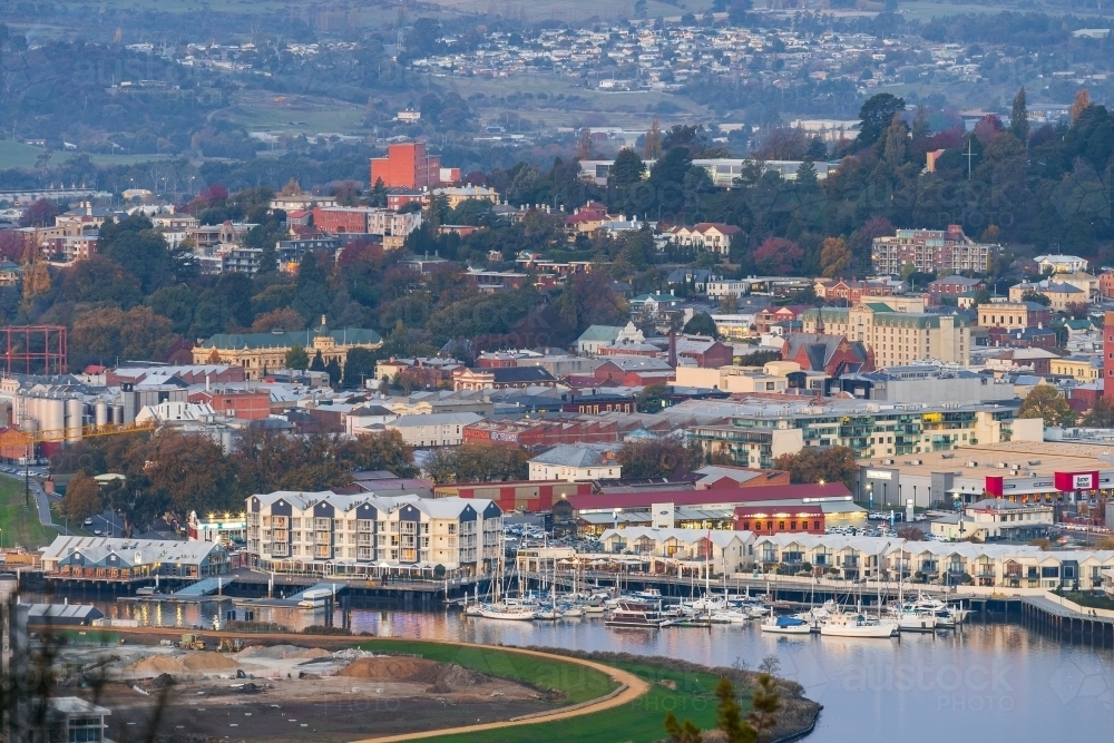 Distant view of the waterfront along the Tamar River in Launceston - Australian Stock Image