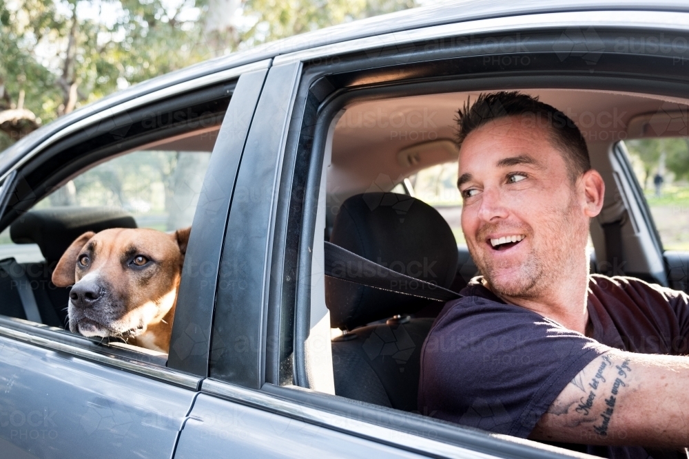 Dog and Smiling Man sitting in Silver Car - Australian Stock Image