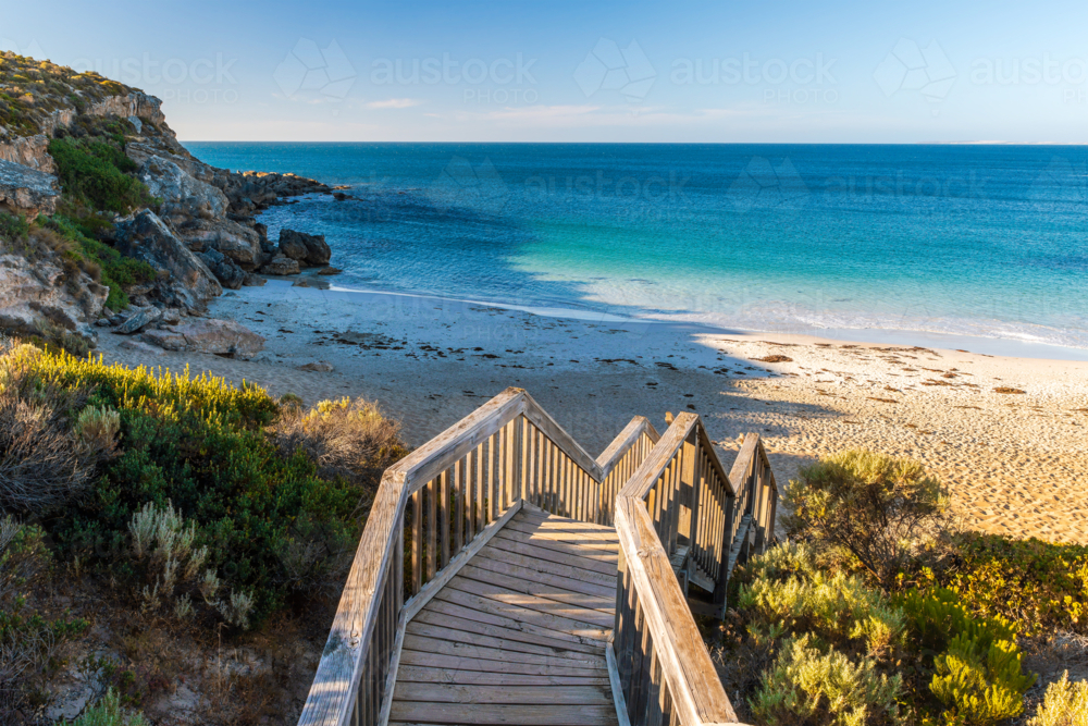 Dolphin Beach with boardwalk at sunset, Yorke Peninsula, Innes National Park, South Australia - Australian Stock Image