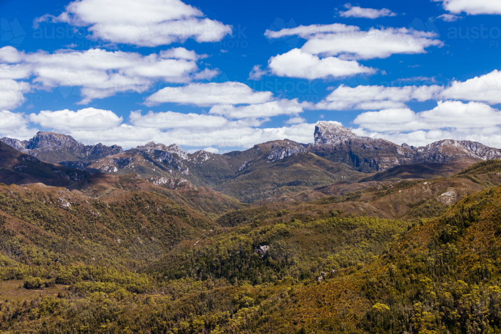 Donaghys Hill walk with Frenchmans Cap in the distance in Franklin-Gordon Wild Rivers National Park - Australian Stock Image