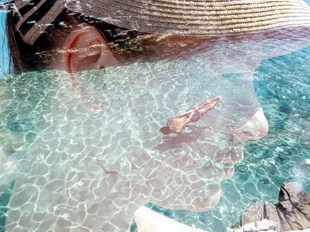 Double exposure photo of Man Swimming and Woman with hat - Australian Stock Image