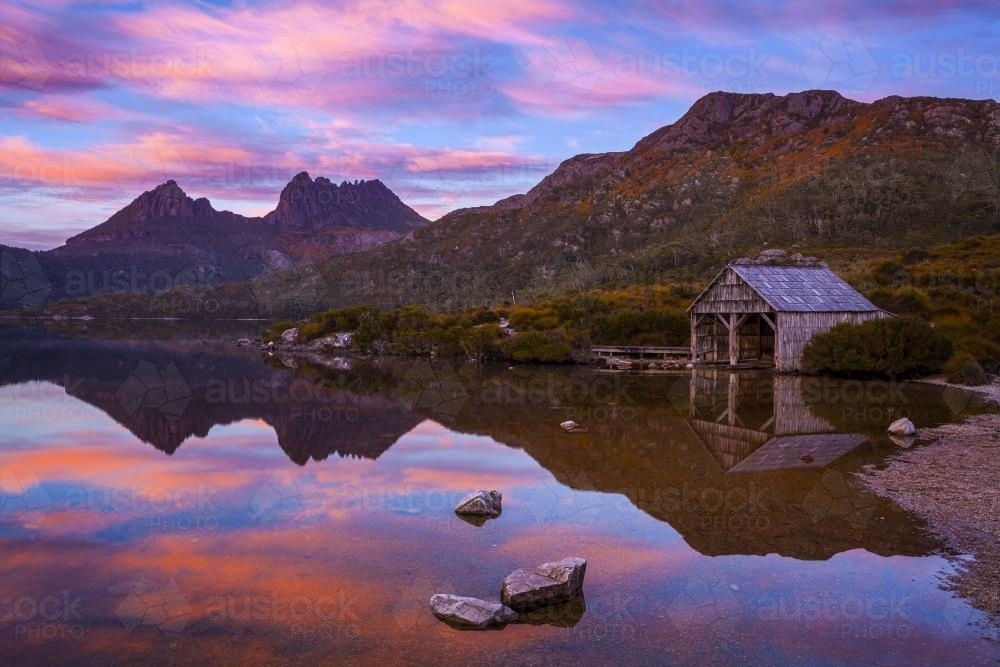 Dove Lake and boatshed at dawn - Australian Stock Image