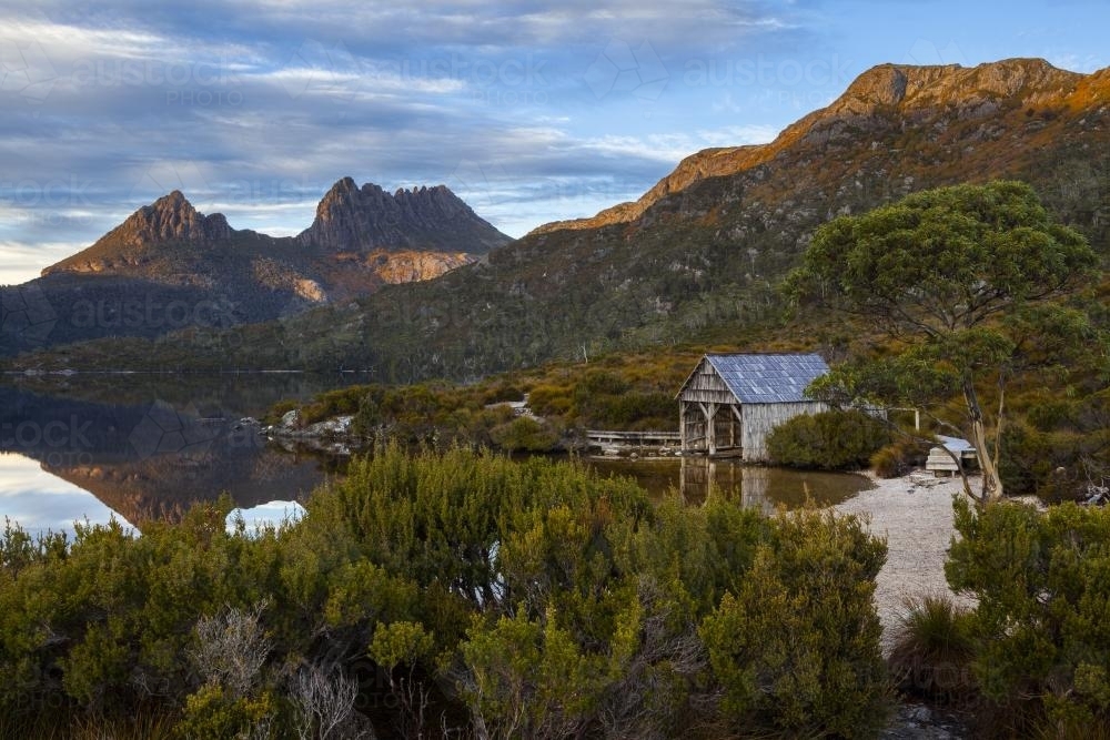 Dove Lake boatshed and Cradle Mountain - Australian Stock Image