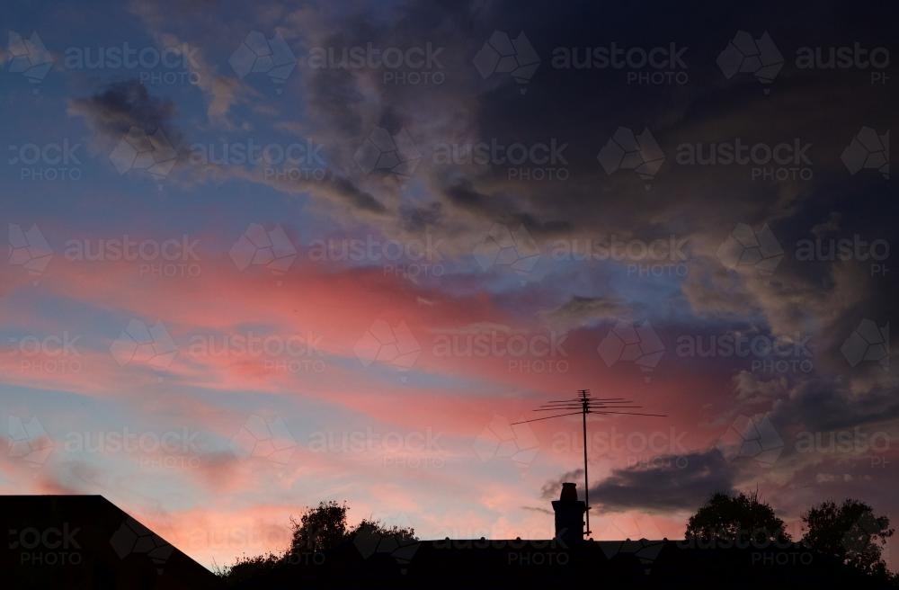 Dramatic great clouds contrasting the pink clouds of a warm sunset above a suburban skyline - Australian Stock Image